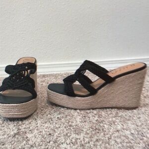 Wild Pair Black and Tan Wedge Sandals